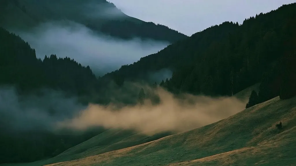 Nebel über einem bewaldeten Alpental